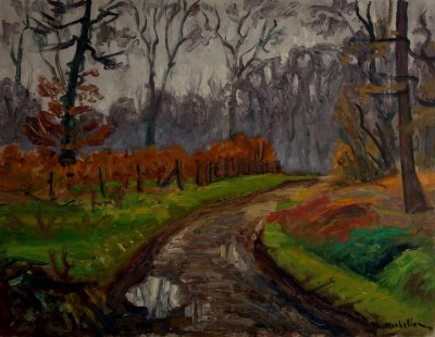 Paris in the Rain, Bois de Boulogne Trees — Oil painting, Canvas, 50.00×65.00cm — Theodoros Markellos